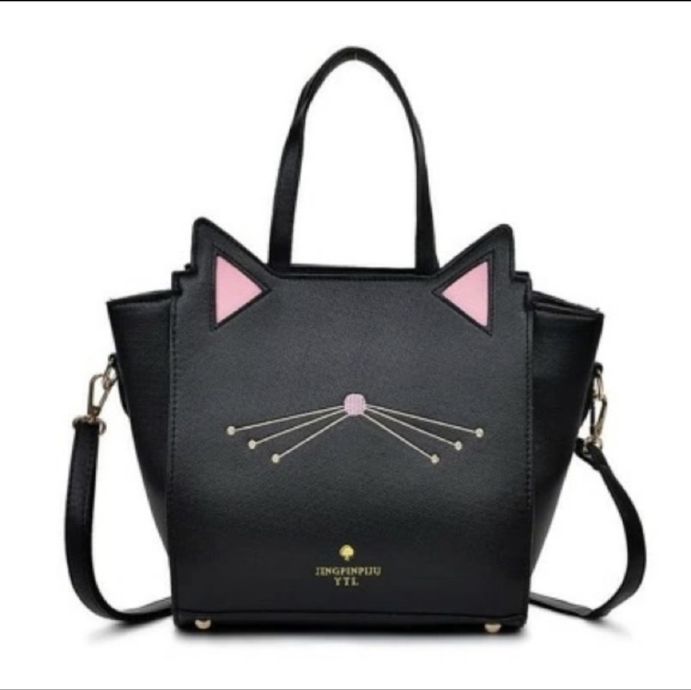 Black Pink Cat Shape Faux Leather Handbag Tote